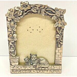Vintage Pewter Cat & Kitten Picture Frame with Brick and Floral Design - 2.5x3.5